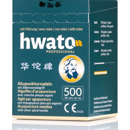 HWATO 500, impugnatura a spirale argentata, 5 aghi per blister con 1 guida, 500 aghi per scatola (A.101.0002.K)