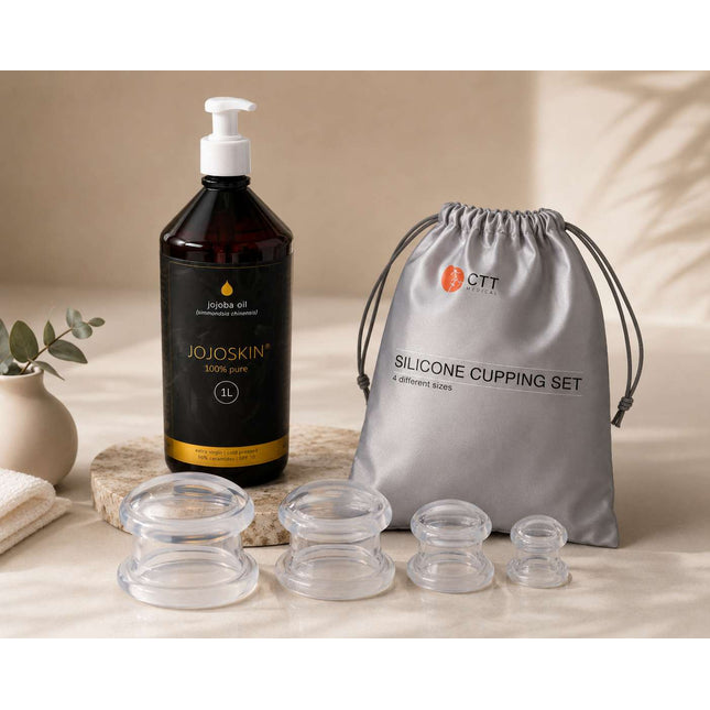 Jojoba Massageöl 1000 ml + Silikonschröpfset 4 Stk